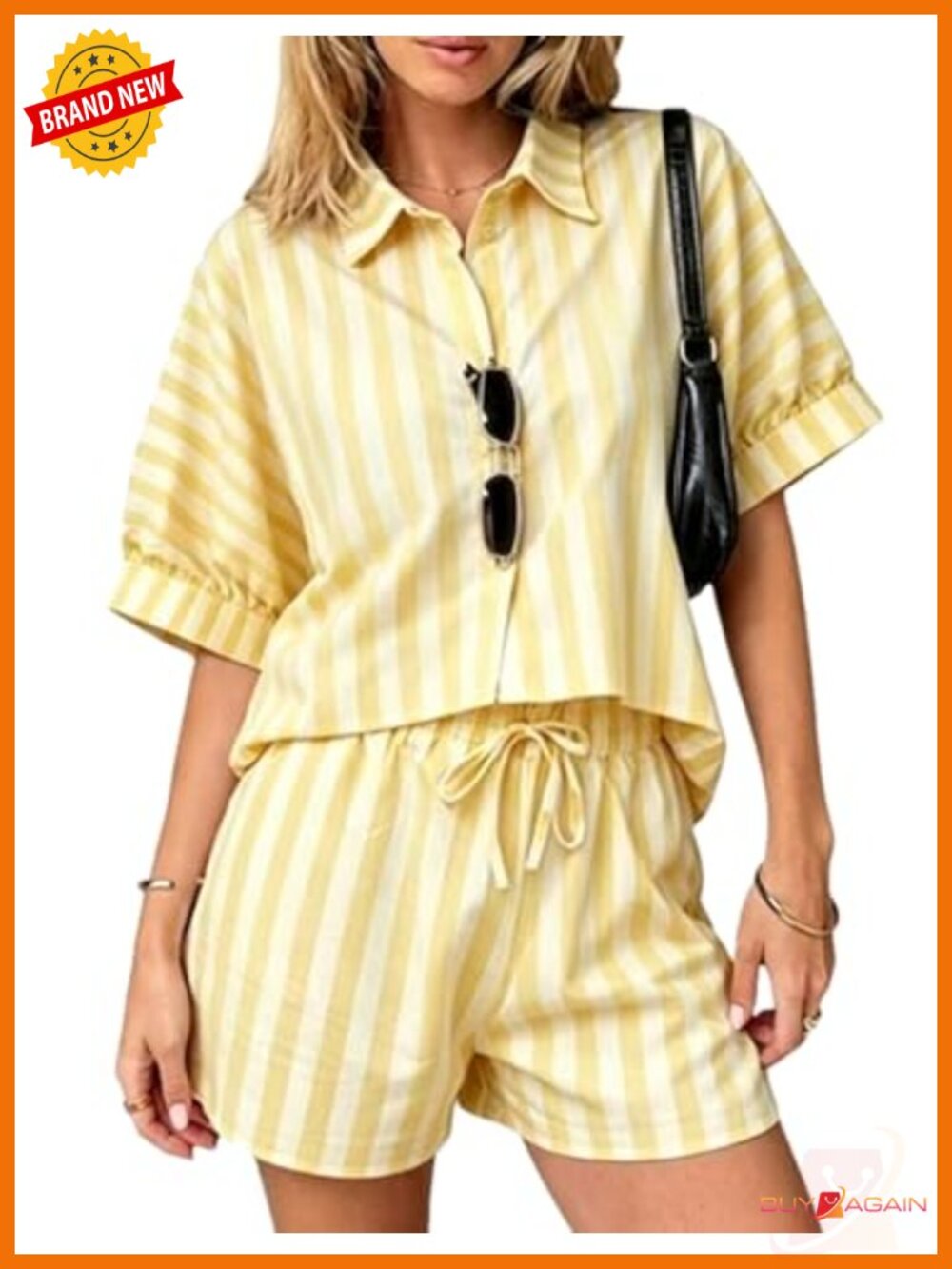 Women's 2 Piece Striped Lounge Set Short Puff Sleeve Top High Waist Shorts